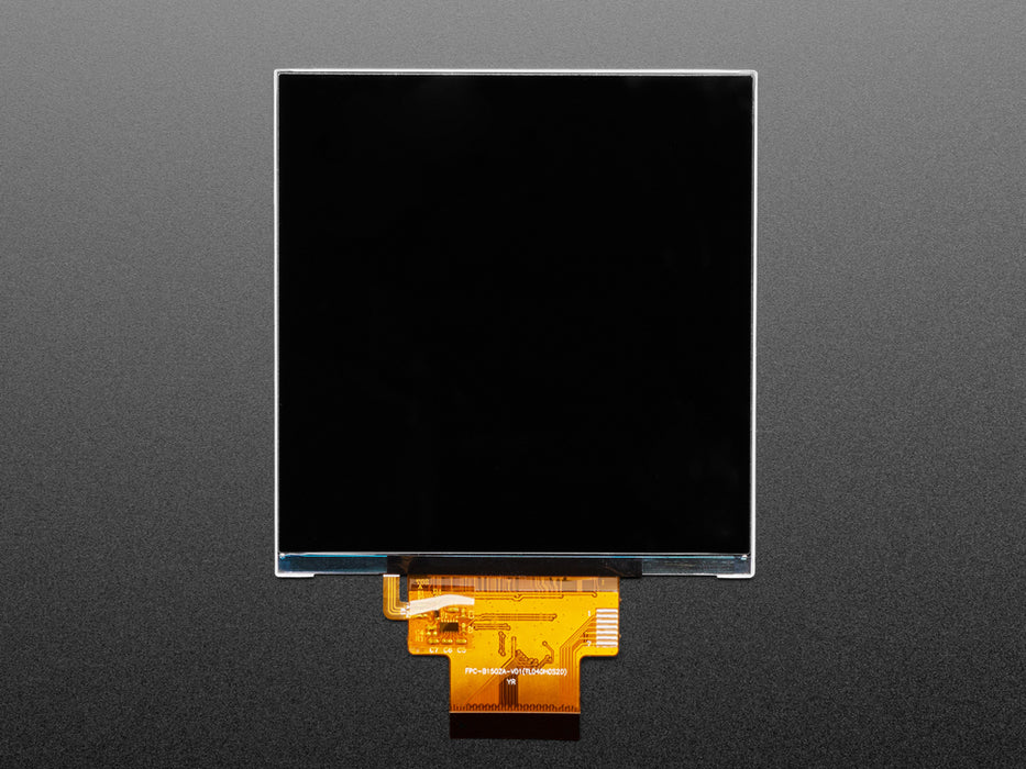 Overhead shot of No-Touch 4" 720x720 RGB666 TFT display, with Image of Rainbow Gradient on the screen.