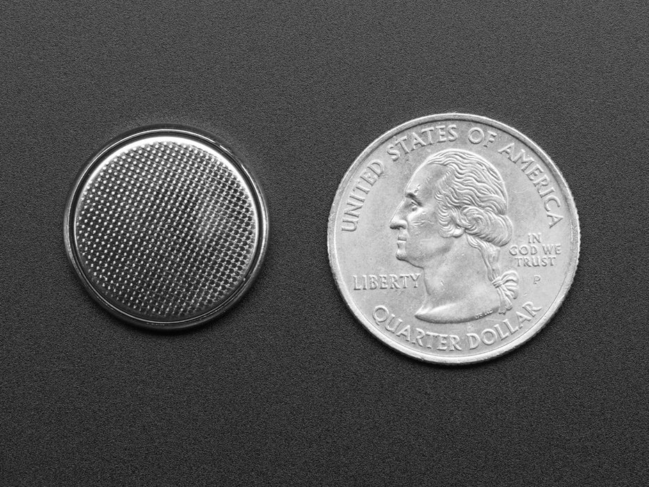 Front shot of CR2032 Lithium Coin Cell Battery upright.