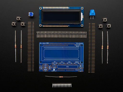 RGB LCD Shield Kit w/ 16x2 Character Display. Display reads "Adafruit RGB LCD Shield w/Keypad!"