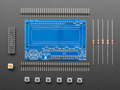 Components to a Adafruit I2C Controlled + Keypad Shield Kit for 16x2 LCD.