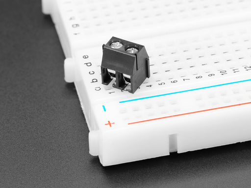 Angled shot of single black 2-pin 3.5mm terminal block.