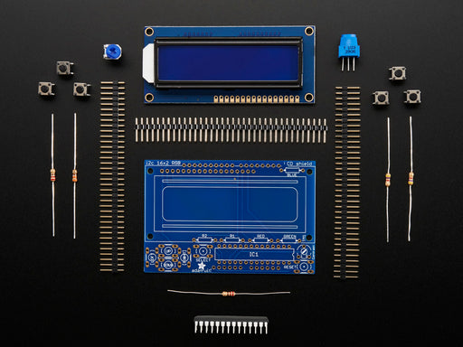 LCD Shield Kit w/ 16x2 Character Display. Display reads : Adafruit B&W LCD Shield w/Keypad!