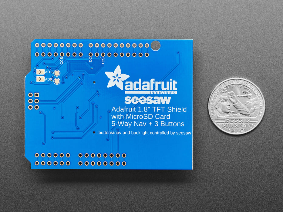 Hand pressing buttons and moving joystick on TFT shield, display shows actions and then displays robot