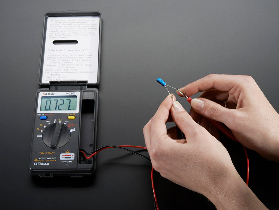 Angled shot of a Pocket Autoranging Digital Multimeter. 