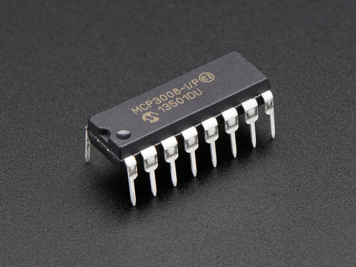 Angled shot of a MCP3008 - 8-Channel 10-Bit ADC With SPI Interface.