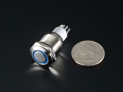 Angled shot of a Rugged Metal On/Off Switch with Blue LED Ring.