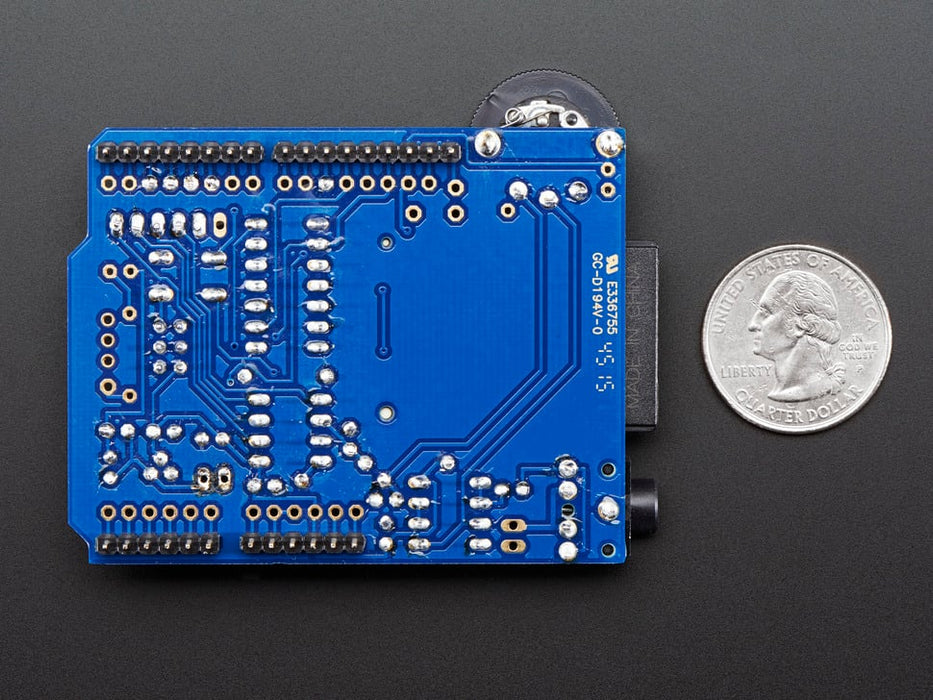 Angled view of an assembled Adafruit Wave Shield for Arduino Kit. 