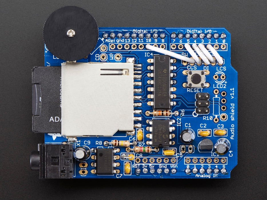 Angled view of an assembled Adafruit Wave Shield for Arduino Kit. 