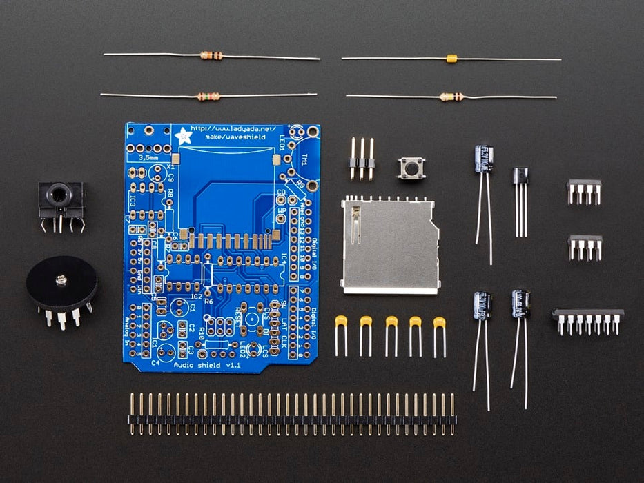 Angled view of an assembled Adafruit Wave Shield for Arduino Kit. 