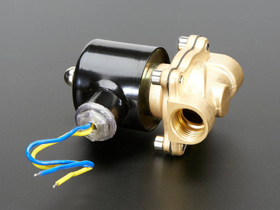 Brass Solenoid Valve with two threaded inlets and huge solenoid and two wires