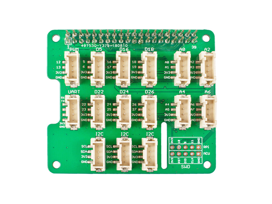 Grove Base Hat for Raspberry Pi - 24-Pin GPIO maintain, Grove interface for 3× I2C, 1× UART, 6× Digital, 4× Analog, SWD Debug interface, 1x PWM Port