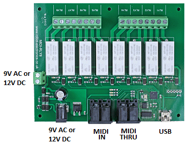 MIDI Relay/Dimmer Output Module - 8 Relays - 0 Dimmers