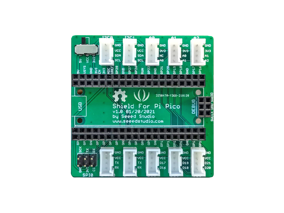 Grove Shield for Pi Pico - All female headers output, Grove interface for 2× I2C, 2× UART, 3× Digital, 3× ​​Analog, Power Switch, 1x SPI, SWD Debug Interface